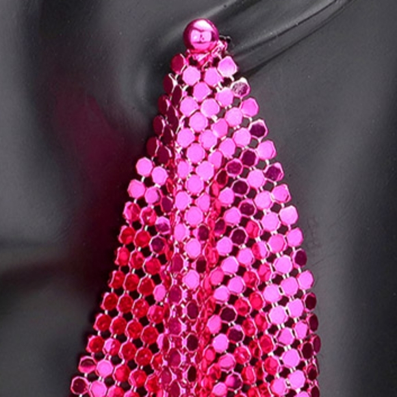 Fuchsia Mesh Chain Dangle Earrings Drop Metal Cute Beautiful Statement Accessory - Picture 3 of 8